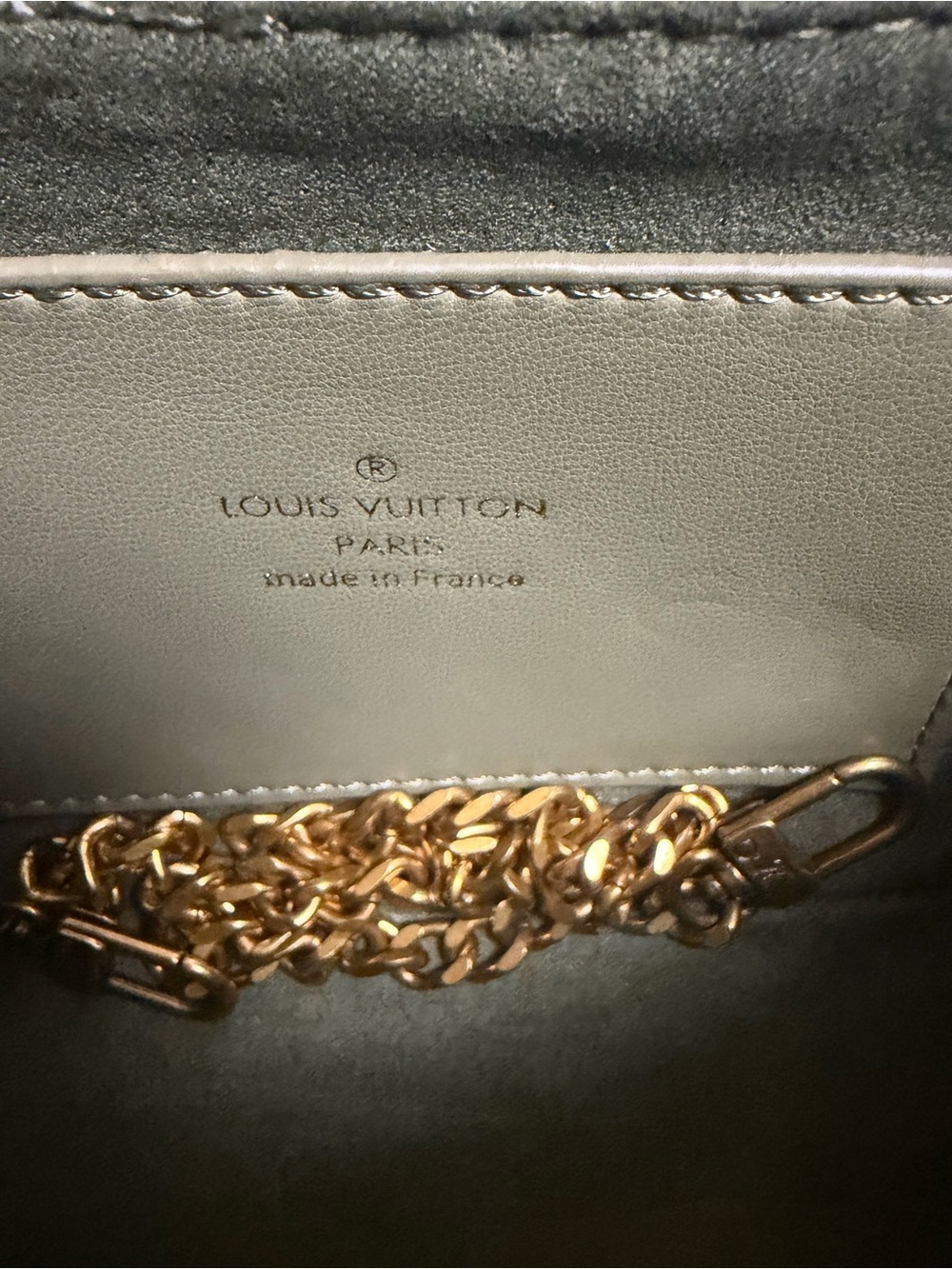 Louis Vuitton Small Crossbody Bag in Gray with Gold Chain